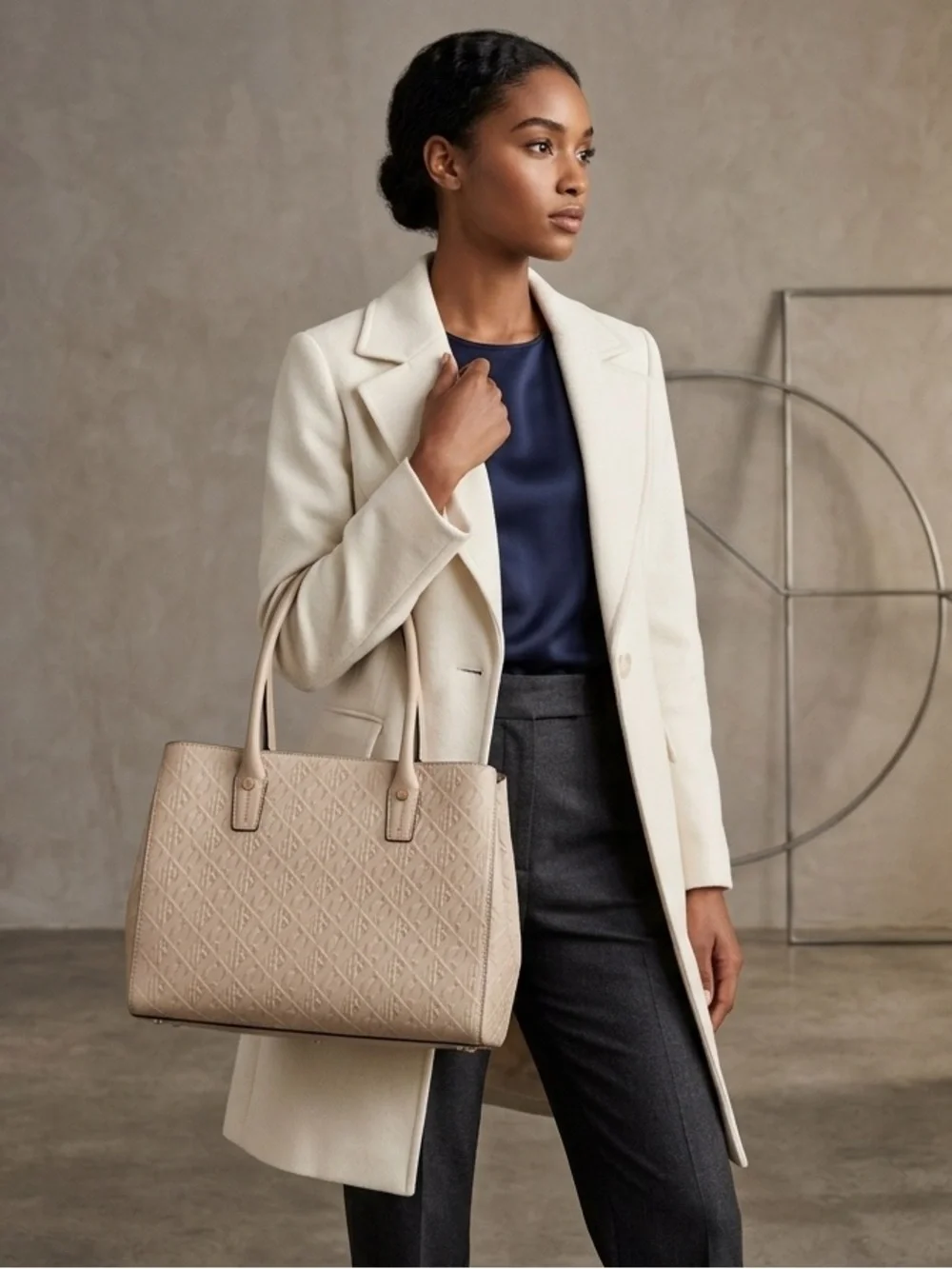 Henry Bendal- Structured Cream Tote with Embossed Geometric Detail-NWT
